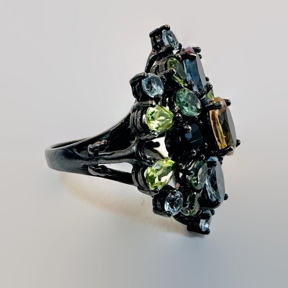 Gemstone Ring, Sterling Silver, Blue Topaz, Peridot, Citrine, Tourmaline - Picture 3 of 8